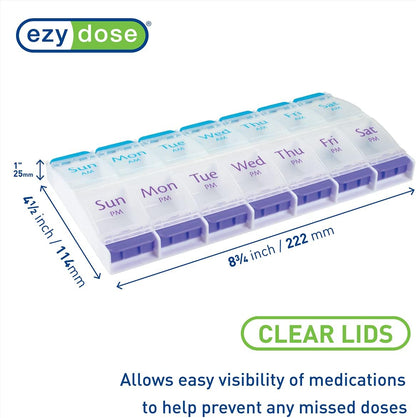 EZY DOSE Push Button (7-Day) Pill Case, Medicine Planner, Vitamin Organizer, 2 Times a Day AM/PM, X-Large Compartments, Arthritis Friendly, Clear Lids, Purple and Blue, BPA Free