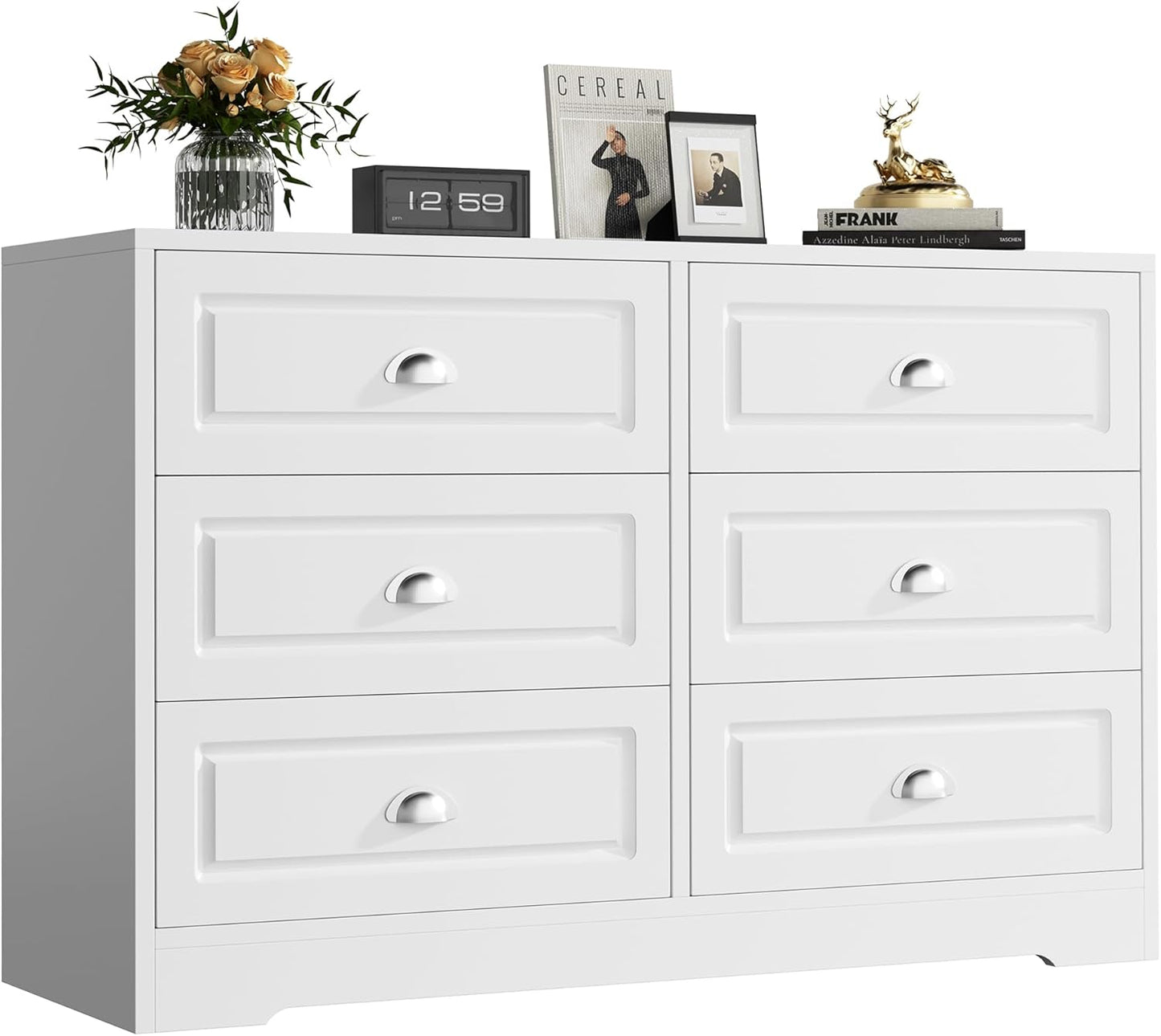 Shintenchi Dresser for Bedroom with 6 Drawers, White Double Dresser & Chest of Drawers Wooden Organizer with Metal Handle, Storage TV Stand for Living Room