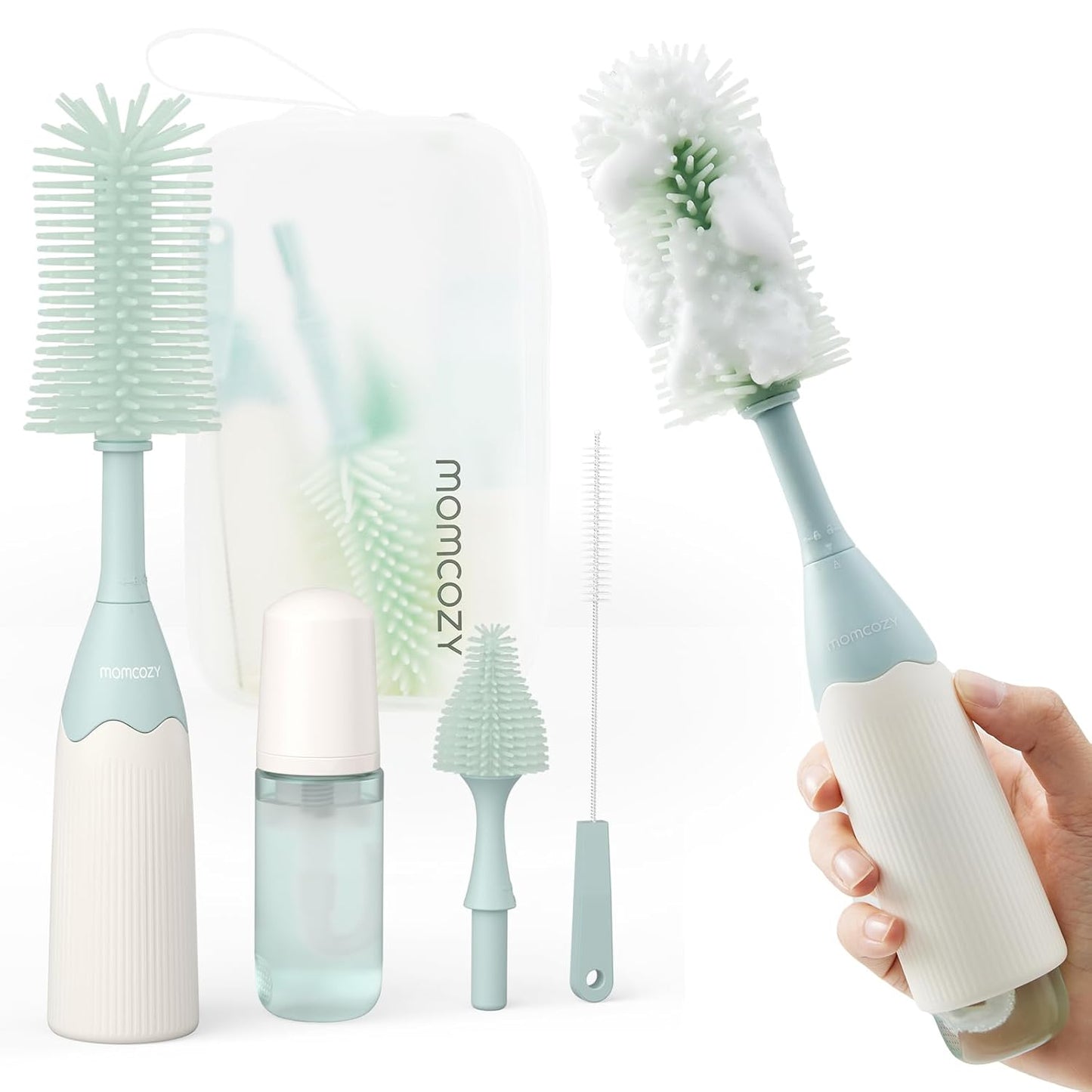 Momcozy Bottle Brush Kit, Innovative Push-Press Design for Better Cleaning - Baby Bottle Cleaner Brush for Baby Bottle, Breast Pumps, Nipples, and More - Can Generate Foam for Better Cleaning, Green