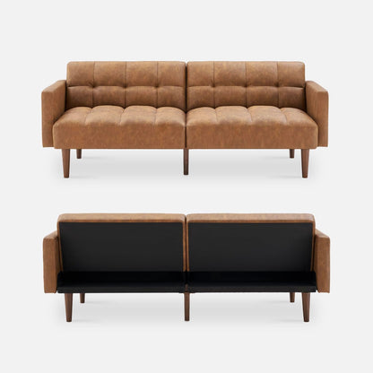 mopio Aaron Couch, Small Sofa, Futon, Sofa Bed, Sleeper Sofa, Loveseat, Mid Century Modern Futon Couch, Sofa Cama, Couches for Living Room, Bedroom (Pecan Brown, Faux Leather)