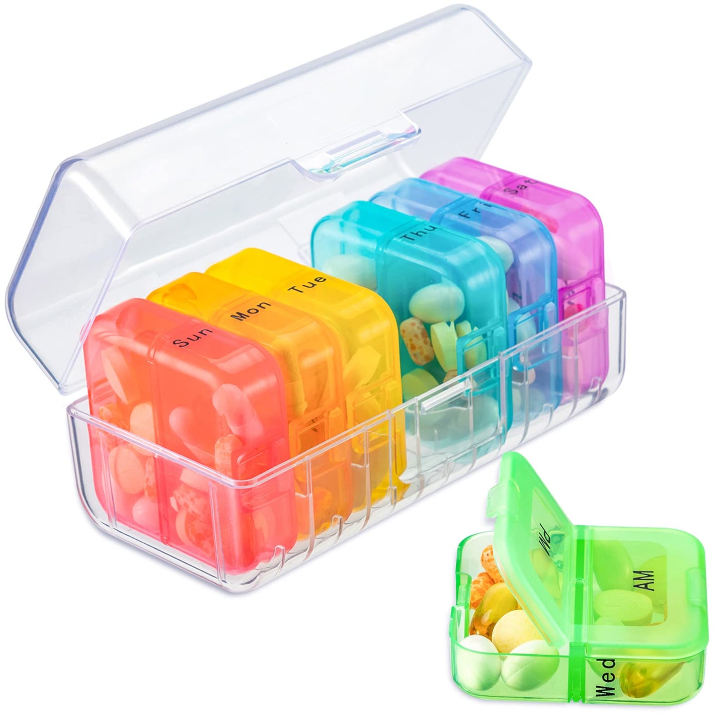 Zoksi Weekly Pill Organizer 2 Times a Day, Rainbow 7 Day Pill Box, Daily Am Pm Pill Organizer, Portable Case for Fish Oils, Vitamin, Supplement