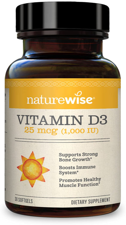 NatureWise Vitamin D3 1000iu (25 mcg) 1 Month Supply for Healthy Muscle Function, Bone Health and Immune Support, Non-GMO, Gluten Free in Cold-Pressed Olive Oil, Packaging May V, 30 Count