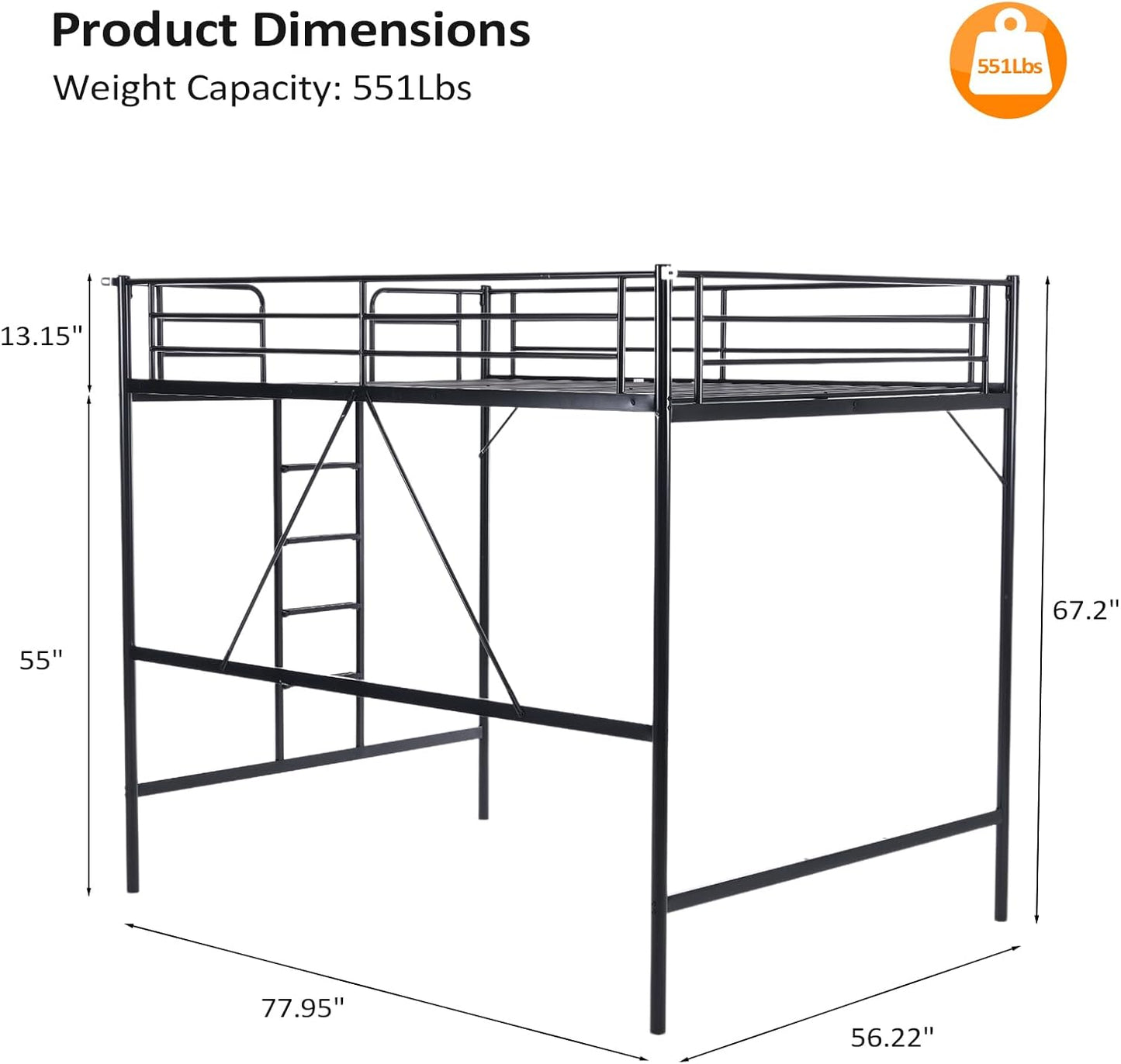 VINGLI Loft Bed Full Size with Flat Rungs for Adults, Kids and Young Teens, No Box Spring Required,Heavy Duty Metal Slat Support