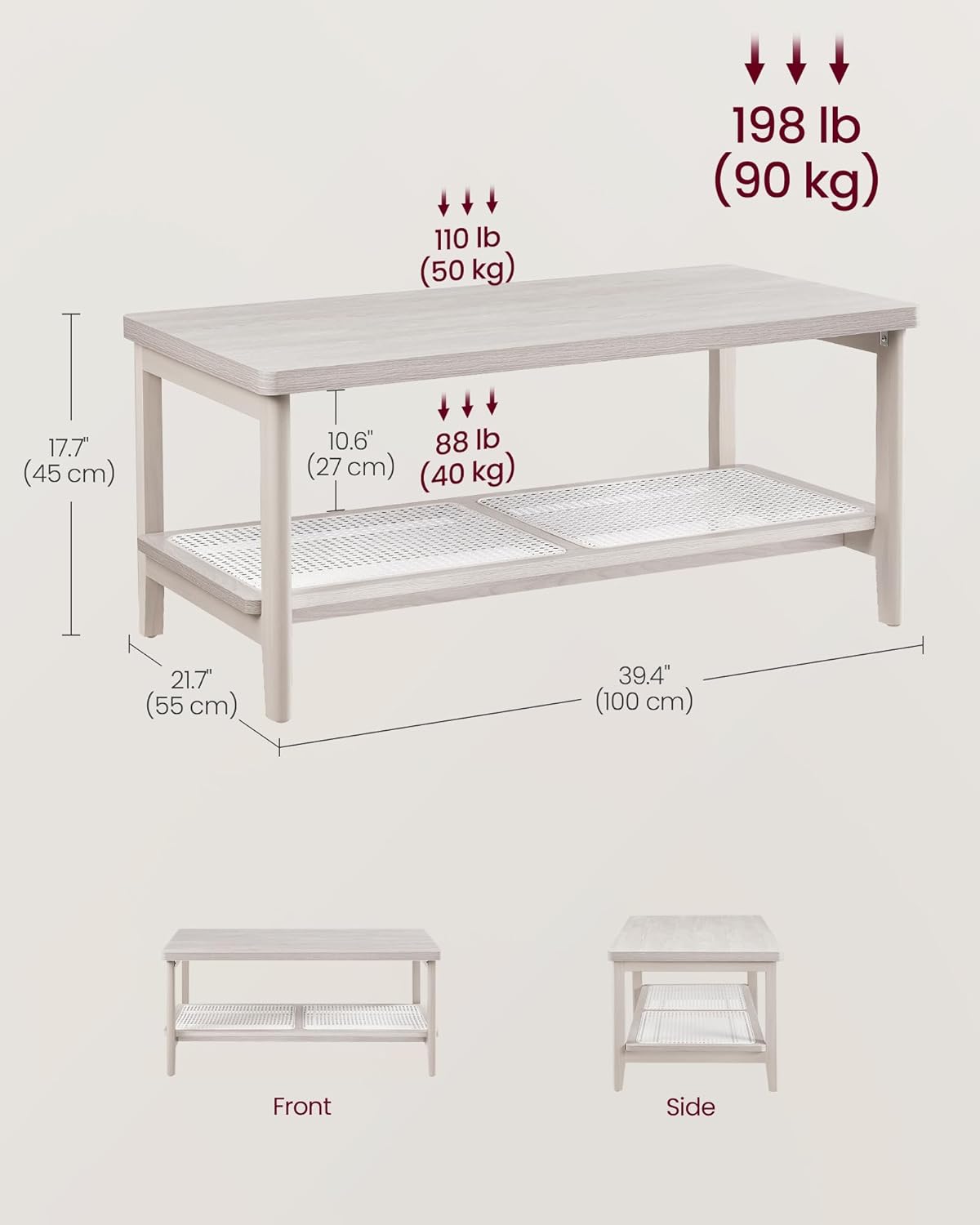 VASAGLE 2-Tier Coffee Table for Living Room, Living Room Table Rectangular Center Table, with PVC Rattan Storage Shelf, Rounded Corners, Easy Assembly, Boho Style, Oatmeal Beige ULCT240K66