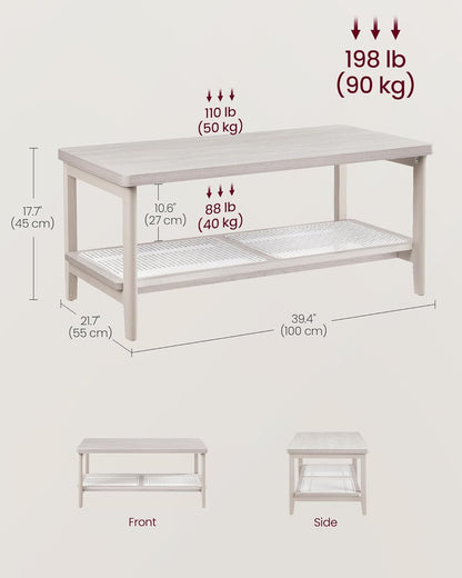 VASAGLE 2-Tier Coffee Table for Living Room, Living Room Table Rectangular Center Table, with PVC Rattan Storage Shelf, Rounded Corners, Easy Assembly, Boho Style, Oatmeal Beige ULCT240K66