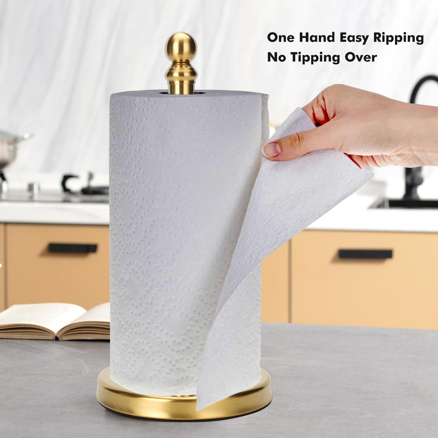 Gold Paper Towel Holder Countertop, Standing Paper Towel Roll Holder for Kitchen Bathroom, with Weighted Base for One-Handed Operation (Gold)