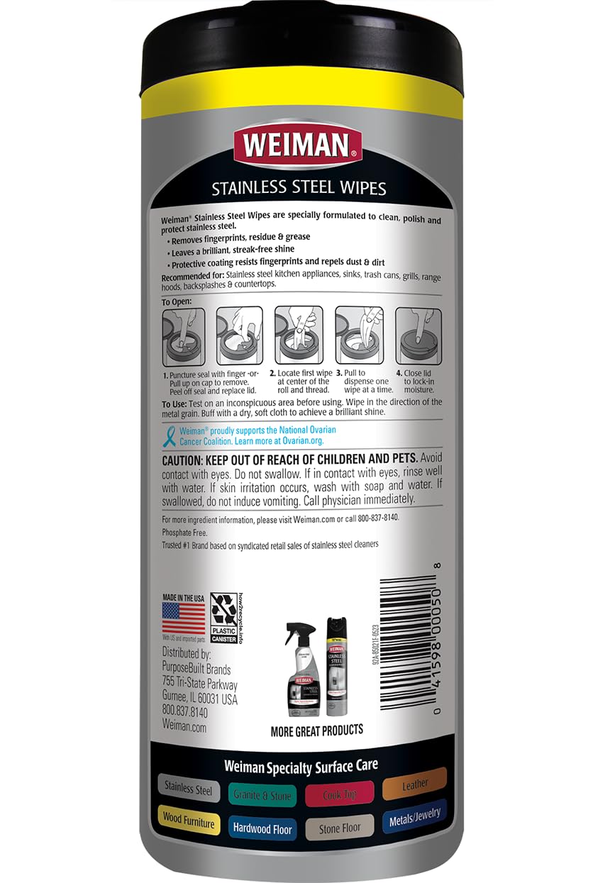 Weiman Stainless Steel Cleaner and Polish Wipes Bundle with Microfiber Cloth-Removes Fingerprints, Water Marks and Grease from Appliances - Works Great on Refrigerators, Ovens, and Grills