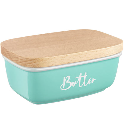 ALELION Pink Butter Dish with Lid for Countertop - Ceramic Farmhouse Butter Keeper Container with Thick Beech Wood Lid - Pink Kitchen Home Decor and Accessories for Kitchen Gifts