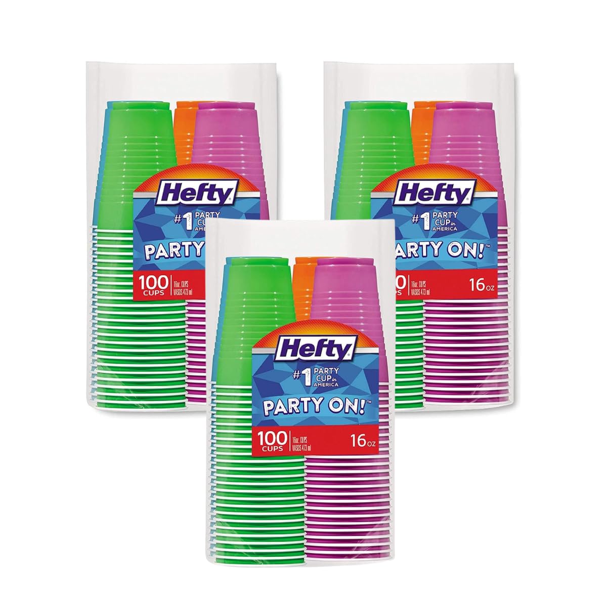 Hefty Party On Disposable Plastic Cups, Assorted, 16 Ounce, 100 Count