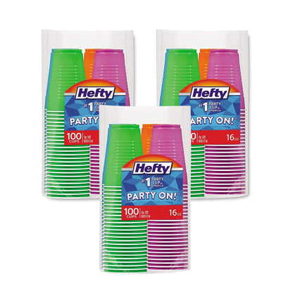 Hefty Party On Disposable Plastic Cups, Assorted, 16 Ounce, 100 Count