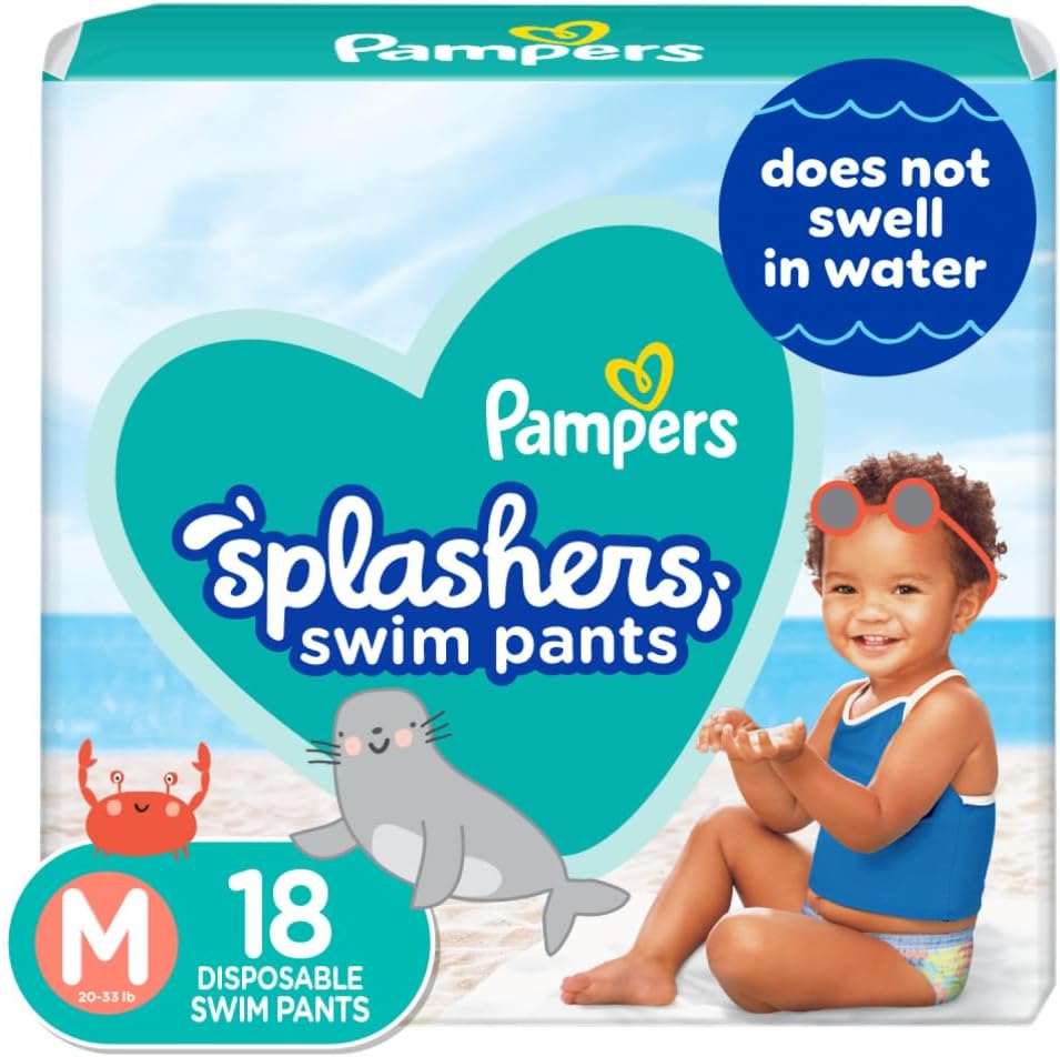 Pampers Splashers Swim Diapers - Size M, 18 Count, Gap-Free Disposable Baby Swim Pants