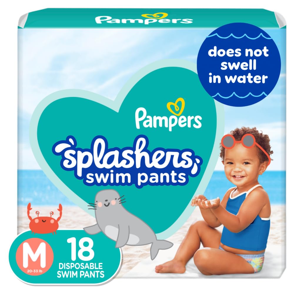 Pampers Splashers Swim Diapers - Size M, 18 Count, Gap-Free Disposable Baby Swim Pants