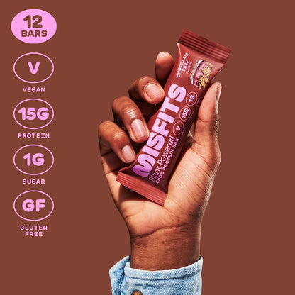 Misfits Vegan Protein Bar, Variety Pack, Plant Based Chocolate Protein Bars, High Protein Snacks for Adults with 15g Plant Protein Per Bar, Low Carb, 1g Sugar, High Fiber, Healthy Snack Food, 12 Pack