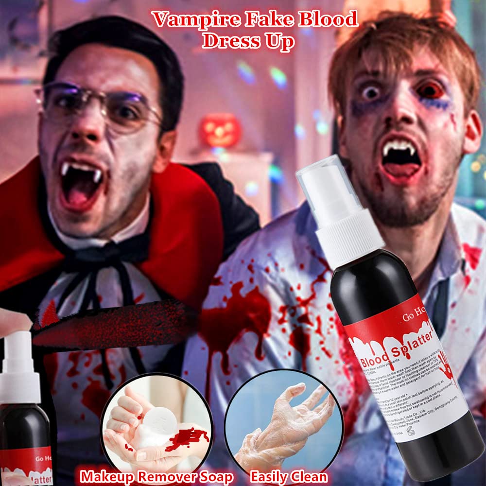 Go Ho Blood Splatter Fake Blood Washable(2.1 oz),Halloween Fake Blood Spray Eye Blood Drops Body Paint,Fake Blood for Clothes and Zombie Monster Vampire Clown Costume Cosplay Makeup,1PC