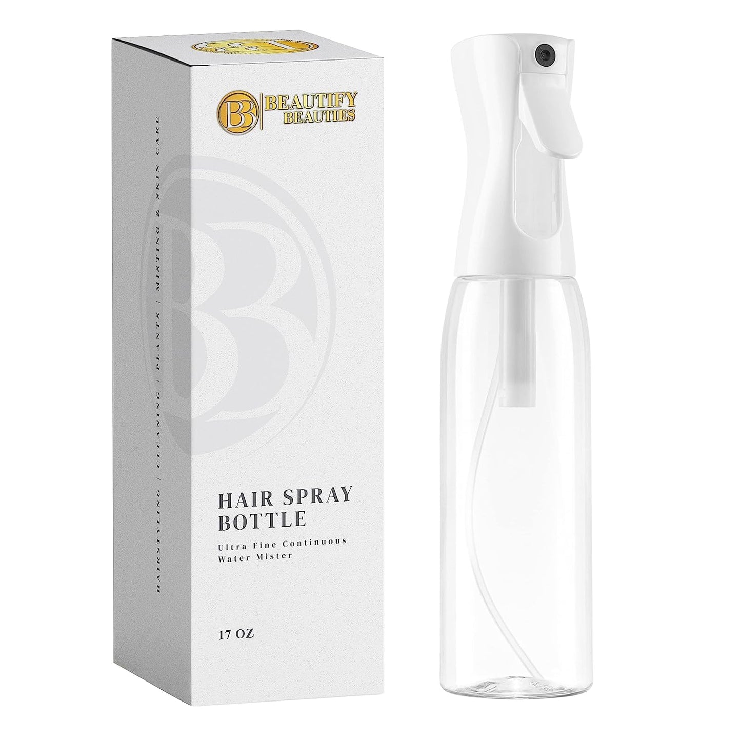 BeautifyBeauties Spray Bottle For Hair – Continuous Mister Spray Bottle for Hairstyling, Cleaning, Plants, Pets, Barbers, Salons, Essential Oil Scents (White, 6.8/200ml)