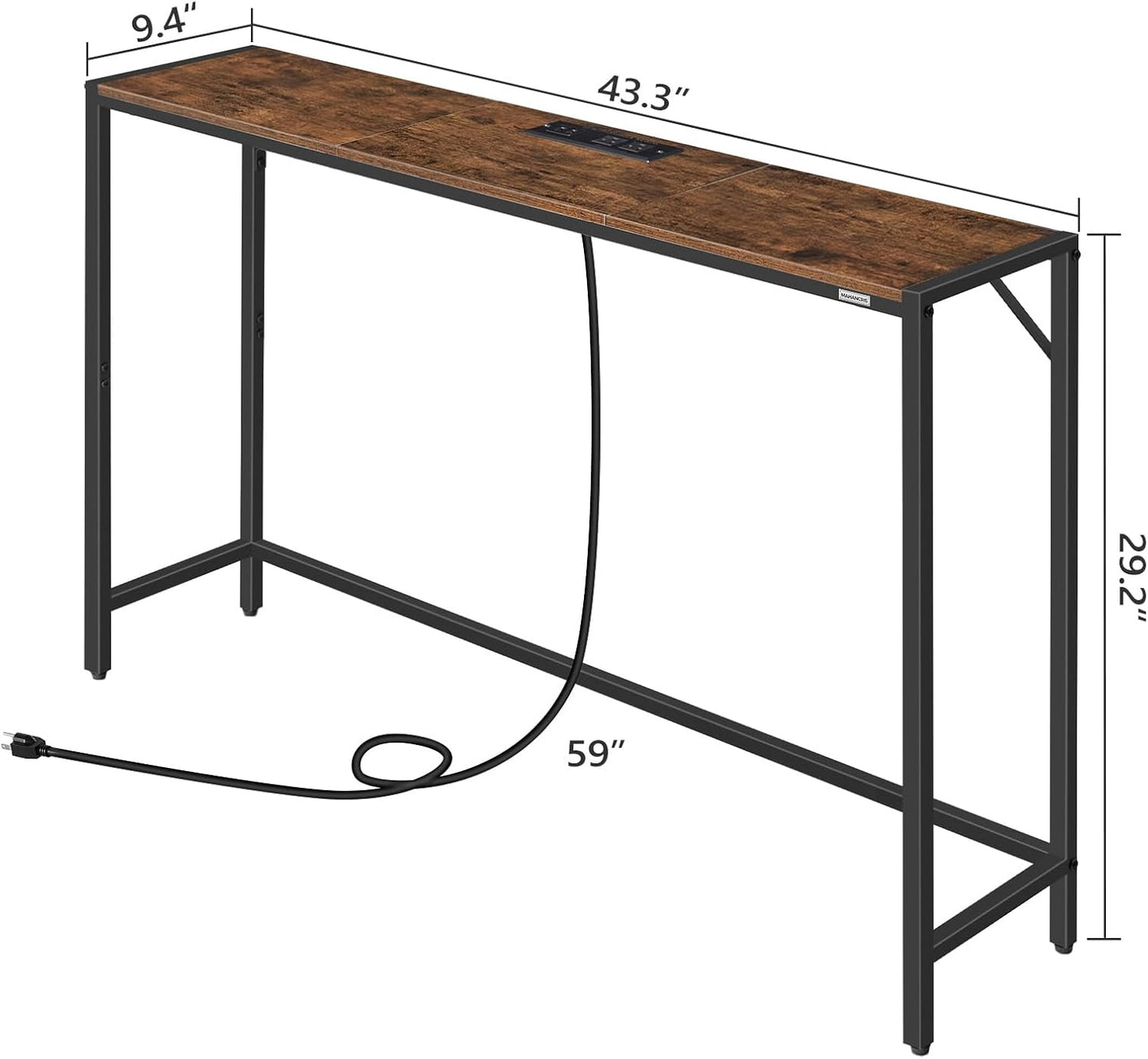 Console Table, Narrow Sofa Table, 43.3” Entrance Table with Power Station, Behind Couch Table, Simple Style, for Living Room, Hallway, Entryway, Foyer, Rustic Brown and Black CTHR112E01