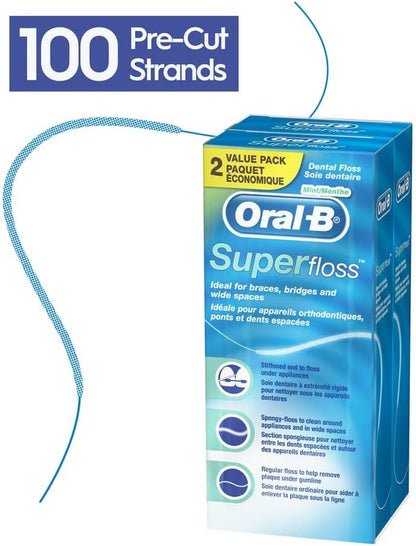 Oral-B Dental Floss for Braces, Super Floss Pre-Cut Strands, Mint, 50 Count, Pack of 2