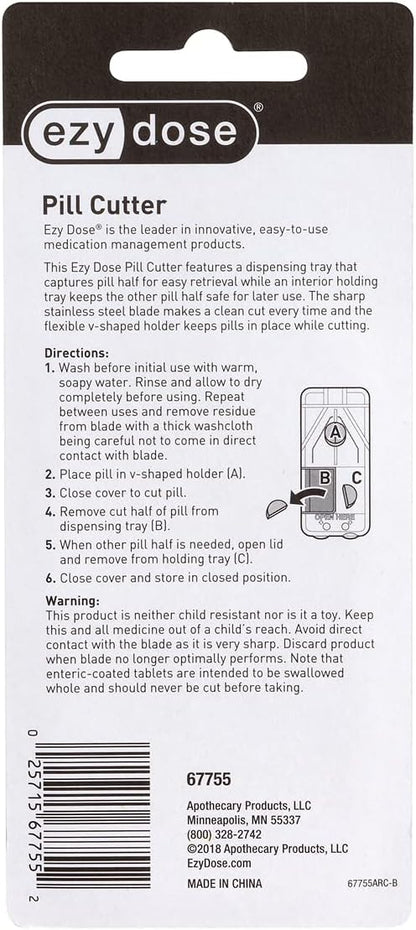 EZY DOSE Pill Cutter and Splitter with Dispenser, Daily Usage, Safely Cut Pills, Vitamins, Tablets, Accurate and Easy Cutting, Stainless Steel Blade, Travel Sized, Colors May Vary, BPA Free