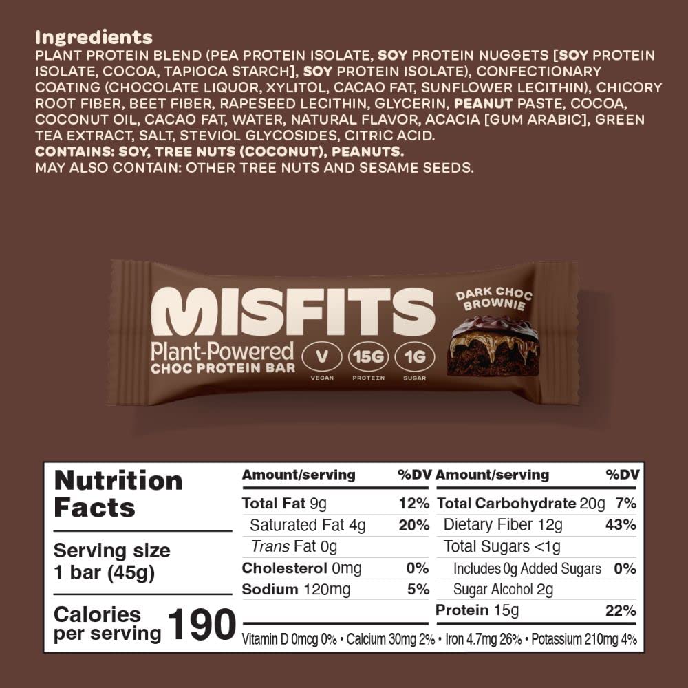 Misfits Vegan Protein Bar, Variety Pack, Plant Based Chocolate Protein Bars, High Protein Snacks for Adults with 15g Plant Protein Per Bar, Low Carb, 1g Sugar, High Fiber, Healthy Snack Food, 12 Pack