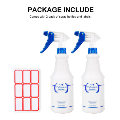 Plastic Spray Bottle, Empty Spray Bottles (2 Pack 24 Oz), All-Purpose Sprayer for Cleaning Solutions, Bleach Spray, Planting, BBQ, Mist & Stream Water Spraying Bottle with Adjustable Nozzle