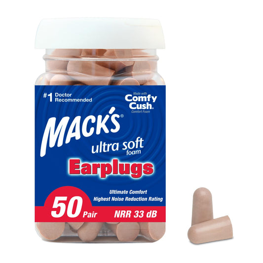 Mack's Ultra Soft Foam Earplugs, 50 Pair - 33dB Highest NRR, Comfortable Ear Plugs for Sleeping, Snoring, Travel, Concerts, Studying, Loud Noise, Work | Made in USA