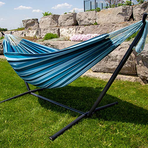 Vivere Double Hammock with Space Saving Steel Stand, Natural (450 lb Capacity - Premium Carry Bag Included)