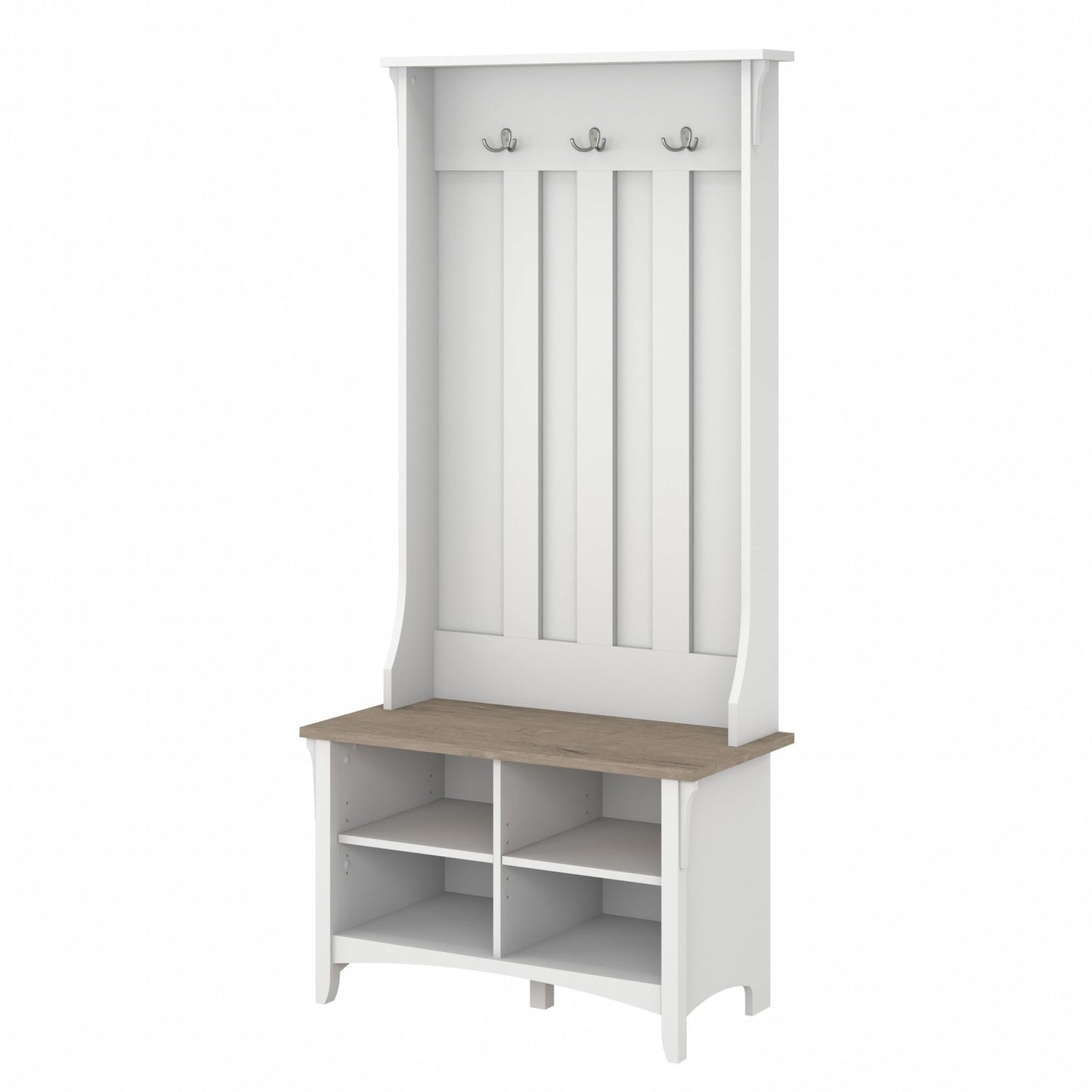 Bush Furniture Salinas Hall Tree with Shoe Storage Bench in Shiplap Gray and Pure White, Multi-Purpose Home Organizer, Entryway Solution with Seating and Hooks