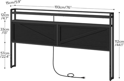 HOOBRO King Size Headboard, Headboard with Charging Station and LED Light Strip, 2-Tier Storage Headboard with Outlets and USB Ports, Industrial Style, for King Size Beds, Black