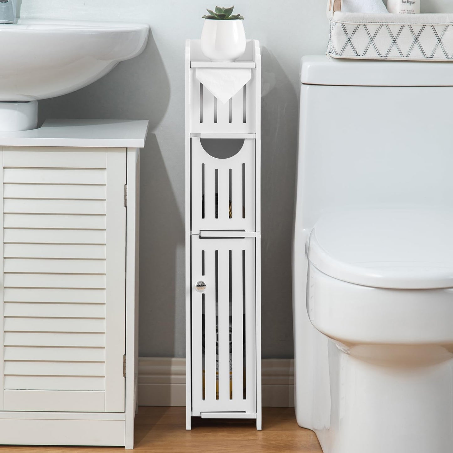 AOJEZOR Bathroom Storage Cabinet: Small Bathroom Storage Cabinet for Small Space - Toilet Paper Cabinet Fit for Small Roll - White