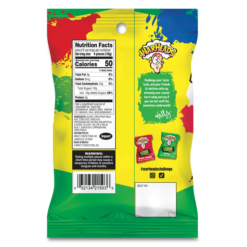 WARHEADS - Extreme Sour Hard Candy - Assorted Flavors - Sour Apple, Black Cherry, Blue Raspberry, Lemon & Watermelon Flavors - 2 oz. Bag