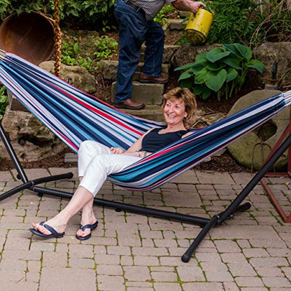 Vivere Double Hammock with Space Saving Steel Stand, Natural (450 lb Capacity - Premium Carry Bag Included)