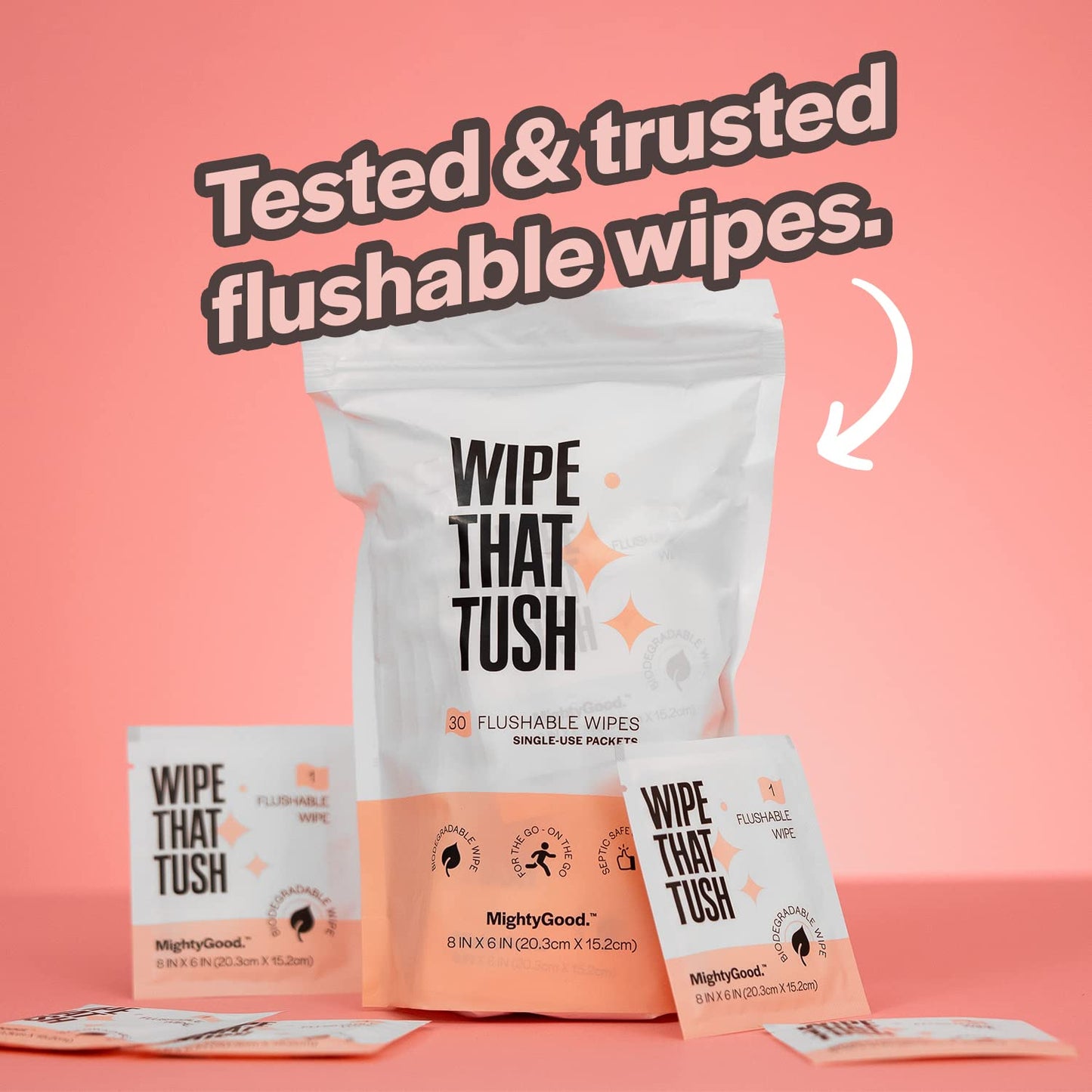 Wipe That Tush On-The-Go Flushable Wet Wipes - 1 Pack, 30 Wipes - Individually Wrapped Extra-Large Wipes with Aloe - Hypoallergenic & Unscented - Septic and Sewer Safe