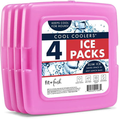 Cool Coolers By Fit & Fresh 4 Pack Slim Ice Packs, Quick Freeze Space Saving Reusable Ice Packs for Lunch Boxes or Coolers, Blue