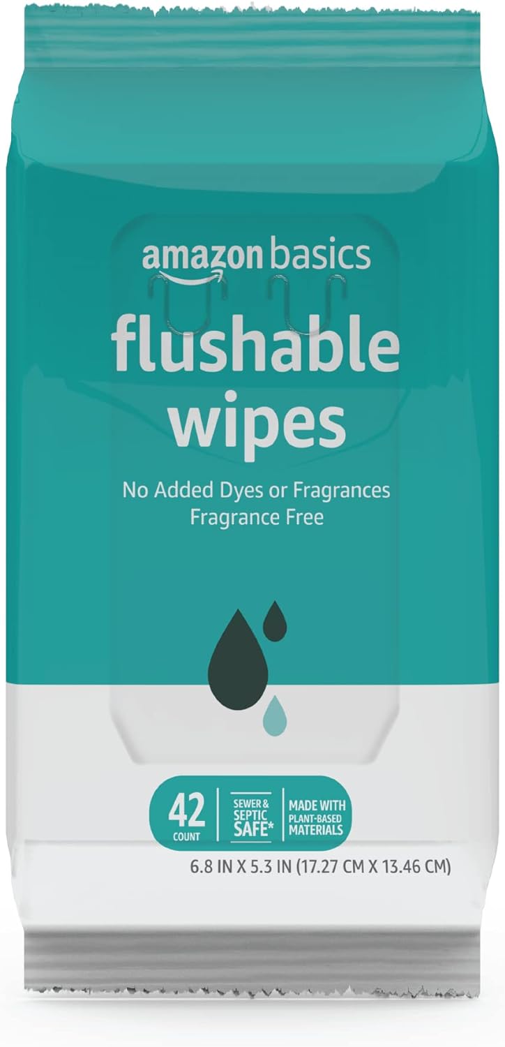 Amazon Basics Flushable Adult Toilet Wipes, Fragrance Free, 126 Count (3 Packs of 42) Packaging May Vary