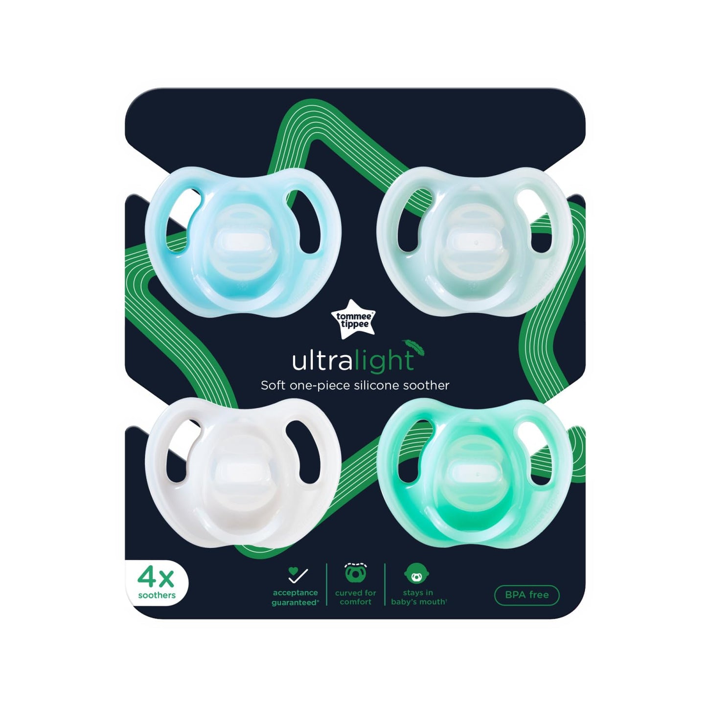 Tommee Tippee Ultra-Light Silicone Pacifier, Symmetrical One-Piece Design, BPA-Free Silicone Binkies, 0-6m, 4-Count