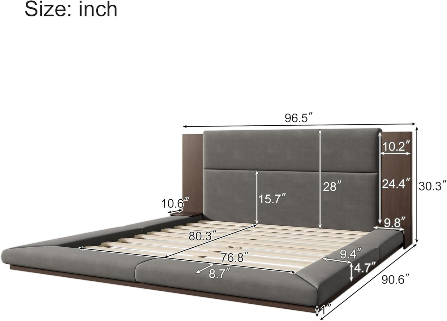 Merax Floor Upholstered Platform Bed with Extended Wood Headboard & Bedside Shelf,No Box Spring Needed,King Size,Gray