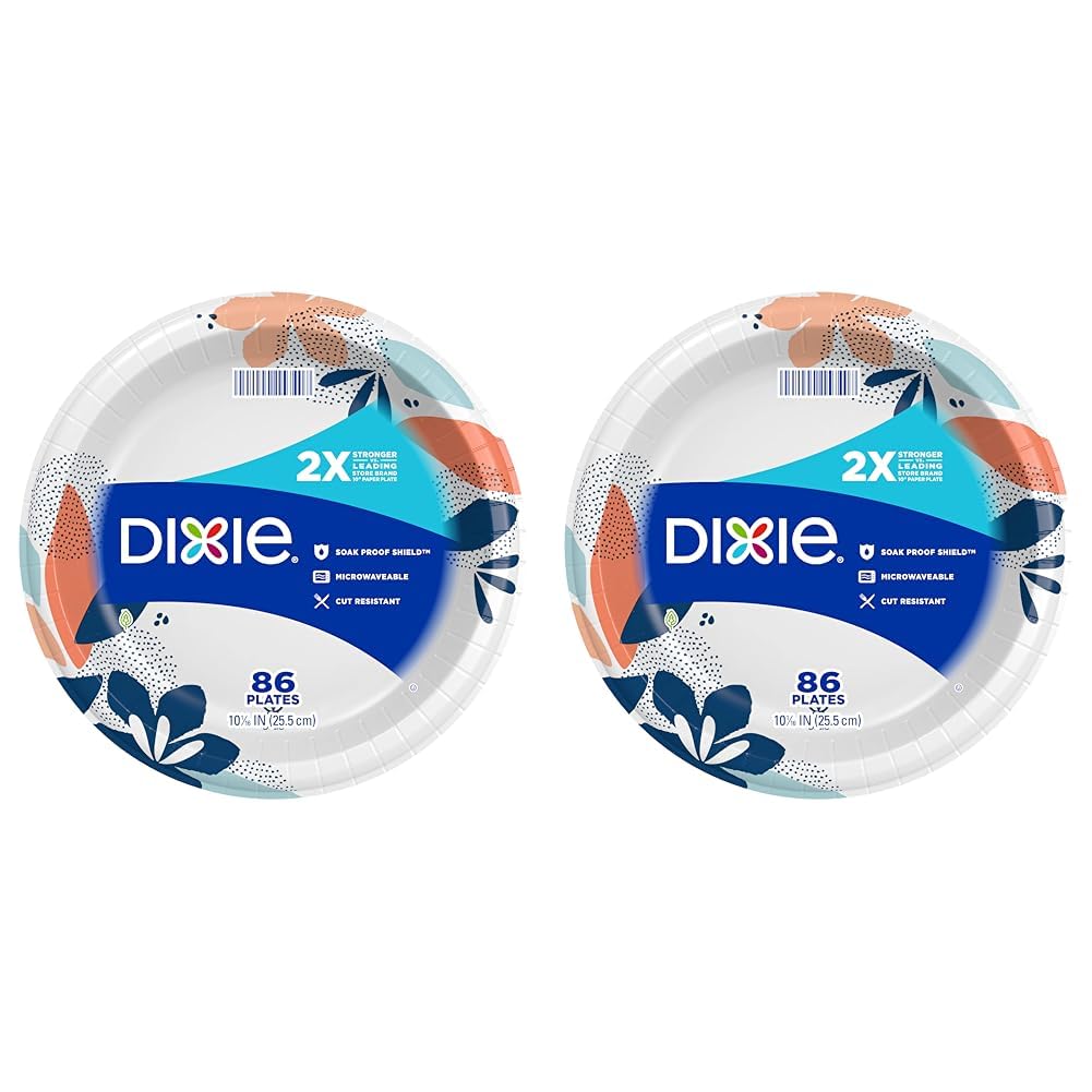 Dixie Large Paper Plates, 10 Inch, 86 Count, 2X Stronger*, Microwave-Safe, Soak-Proof, Cut Resistant, Disposable Plates For Everyday Breakfast, Lunch, & Dinner Meals