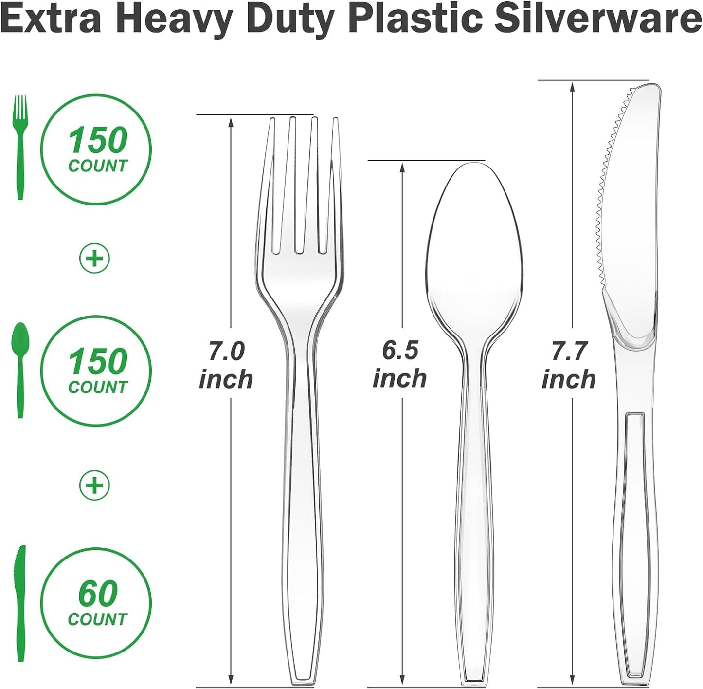 360 Count Extra Heavy Duty Clear Plastic Silverware, 150 Forks, 150 Spoons, 60 Knives, BPA-Free, Heat Resistant, Disposable Plastic Utensils Set, Plastic Cutlery Set, Plasticware Bulk