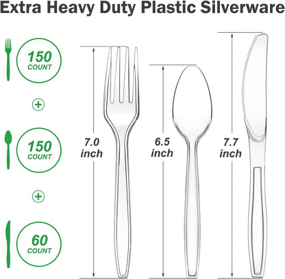 360 Count Extra Heavy Duty Clear Plastic Silverware, 150 Forks, 150 Spoons, 60 Knives, BPA-Free, Heat Resistant, Disposable Plastic Utensils Set, Plastic Cutlery Set, Plasticware Bulk