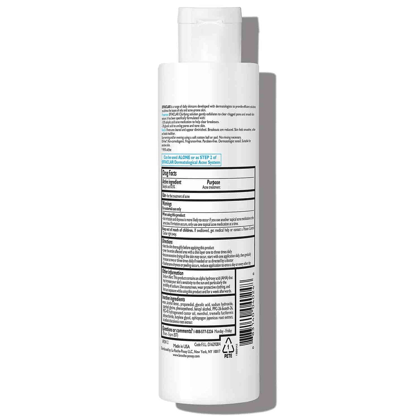 La Roche-Posay Effaclar Clarifying Solution Acne Toner with Salicylic Acid and Glycolic Acid, Pore Refining Oily Skin Toner, Gentle Exfoliant to Unclog Pores and Remove Dead Skin Cells