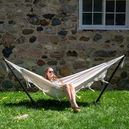 Vivere Double Hammock with Space Saving Steel Stand, Natural (450 lb Capacity - Premium Carry Bag Included)