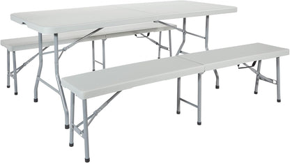 Office Star Resin Furniture for Indoor or Outdoor Use, 3-Piece Set, 2 Folding Benches and 6 Foot Table