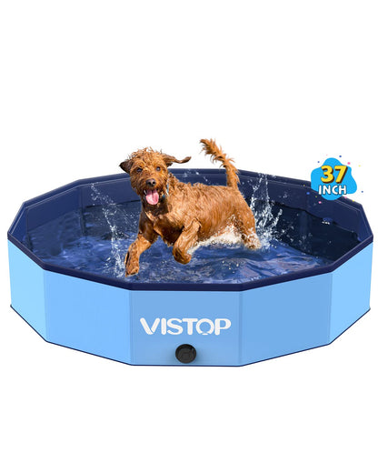 VISTOP Medium Foldable Dog Pool, Hard Plastic Shell Portable Swimming Pool for Dogs Cats and Kids Pet Puppy Bathing Tub Collapsible Kiddie Pool (37 inch.D x 7.8inch.H, Blue)