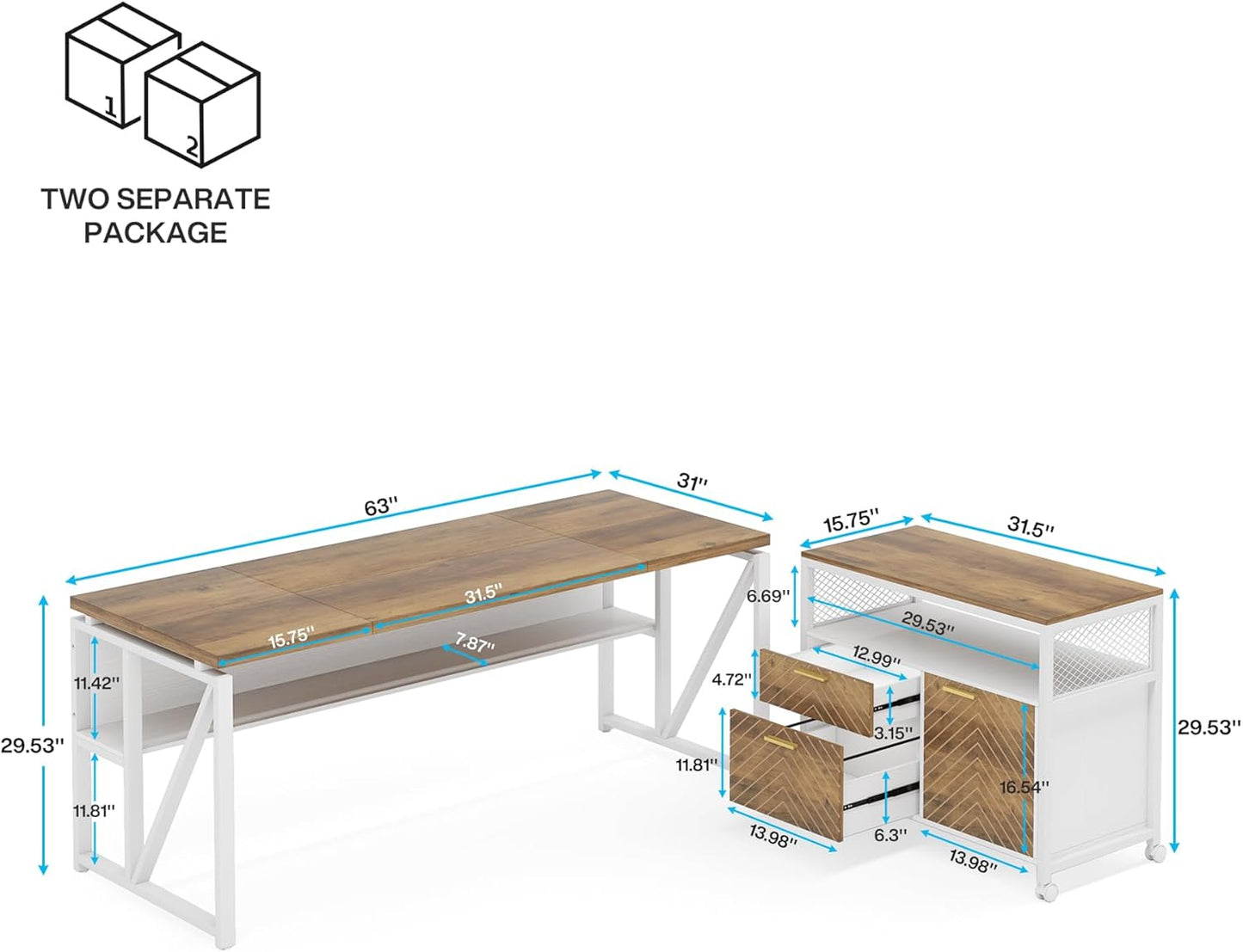 Tribesigns L Shaped Desk with Drawer Cabinet, 63" Executive Computer Desk and lateral File Cabinet, 2 Piece Home Office Furniture for Hanging File, Cabinet with Doors (Walnut, 63-inches)