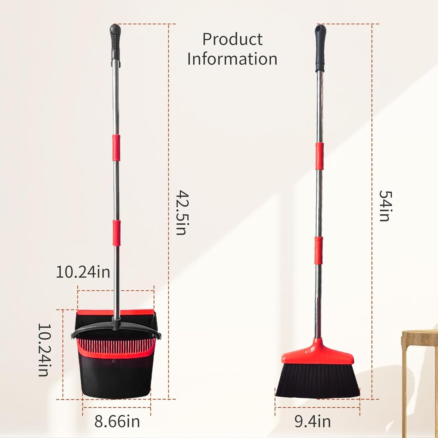 Broom with Dustpan Combo Set 54" Long Handle Adjustable Length Stainless Steel Broomstick Standing Dust Pan and Broom Set for Office Home Kitchen Lobby Floor Cleaning (Red and Black)