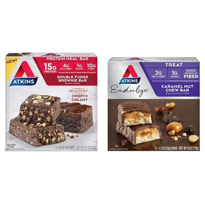 Atkins Double Fudge Brownie Protein Meal Bar, High Fiber, 15g Protein, 1g Sugar, 4g Net Carb, Meal Replacement, Keto Friendly