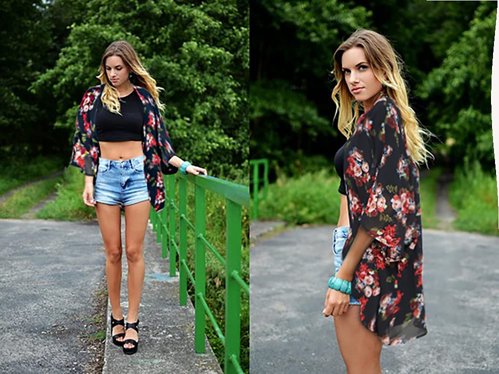 Women's Floral Print Puff Sleeve Kimono Cardigan Loose Cover Up Casual Blouse Tops