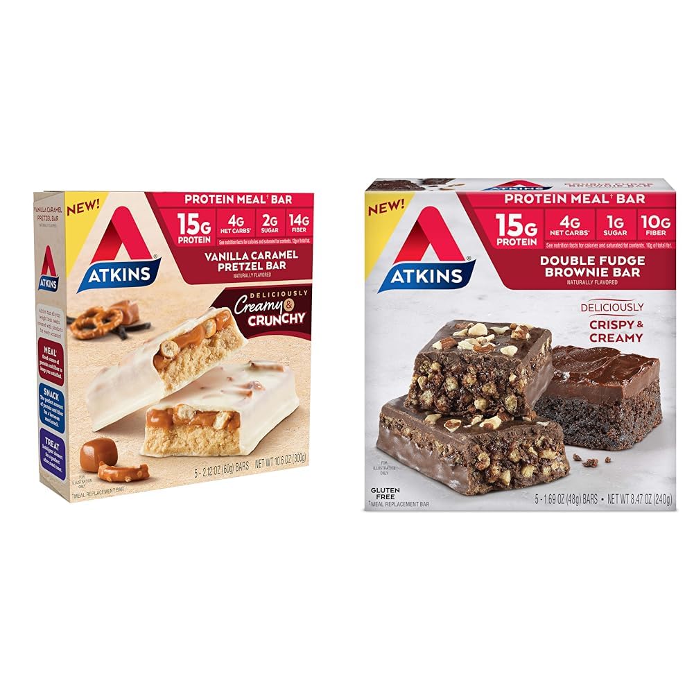 Atkins Double Fudge Brownie Protein Meal Bar, High Fiber, 15g Protein, 1g Sugar, 4g Net Carb, Meal Replacement, Keto Friendly