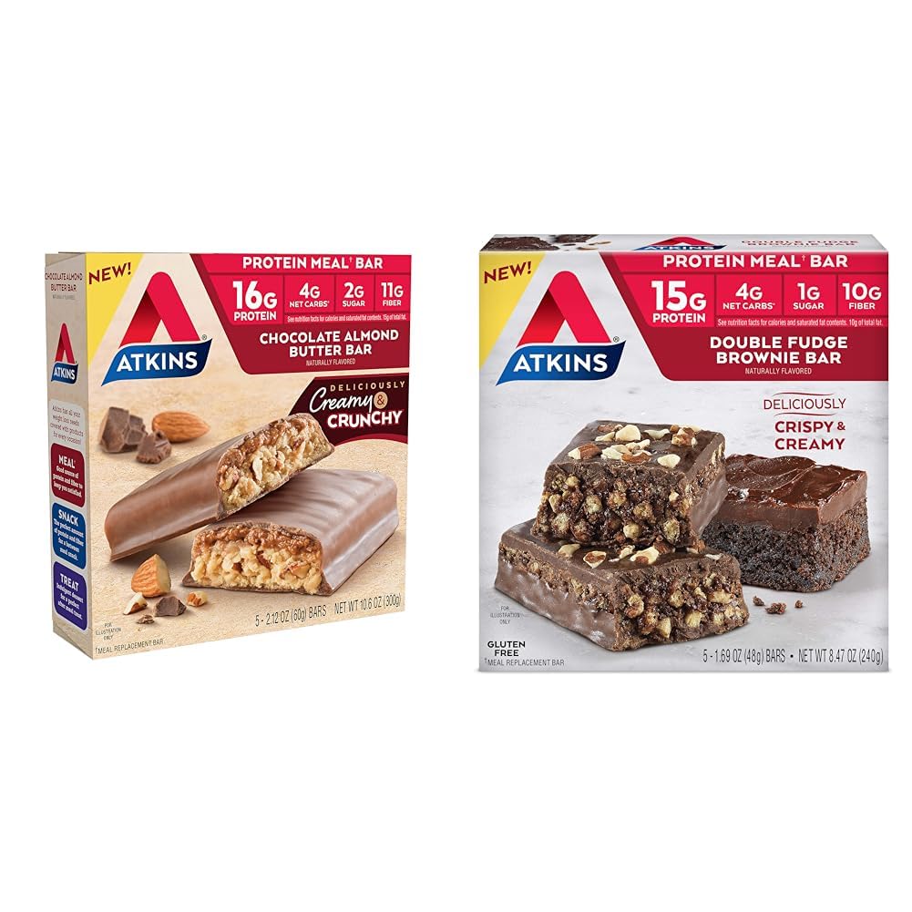 Atkins Double Fudge Brownie Protein Meal Bar, High Fiber, 15g Protein, 1g Sugar, 4g Net Carb, Meal Replacement, Keto Friendly