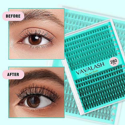 VAVALASH DIY Lash Extension Kit 280 Clusters Individual Lashes Kit 30D 40D 0.07D-10-16mm Lash Clusters, Lash Bond and Seal, Lash Tweezer for DIY Eyelash Extension at Home（Kit-30D+40D-0.07D-10-16MIX）